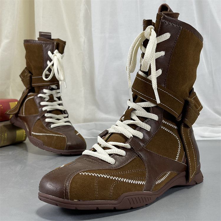 真皮得训鞋复古休闲马丁靴女秋冬户外靴拳击靴圆头系带运动靴短靴