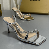 高级感水钻性感银色细跟高跟鞋 月芽儿羊皮一字带凉鞋 女夏2026新款