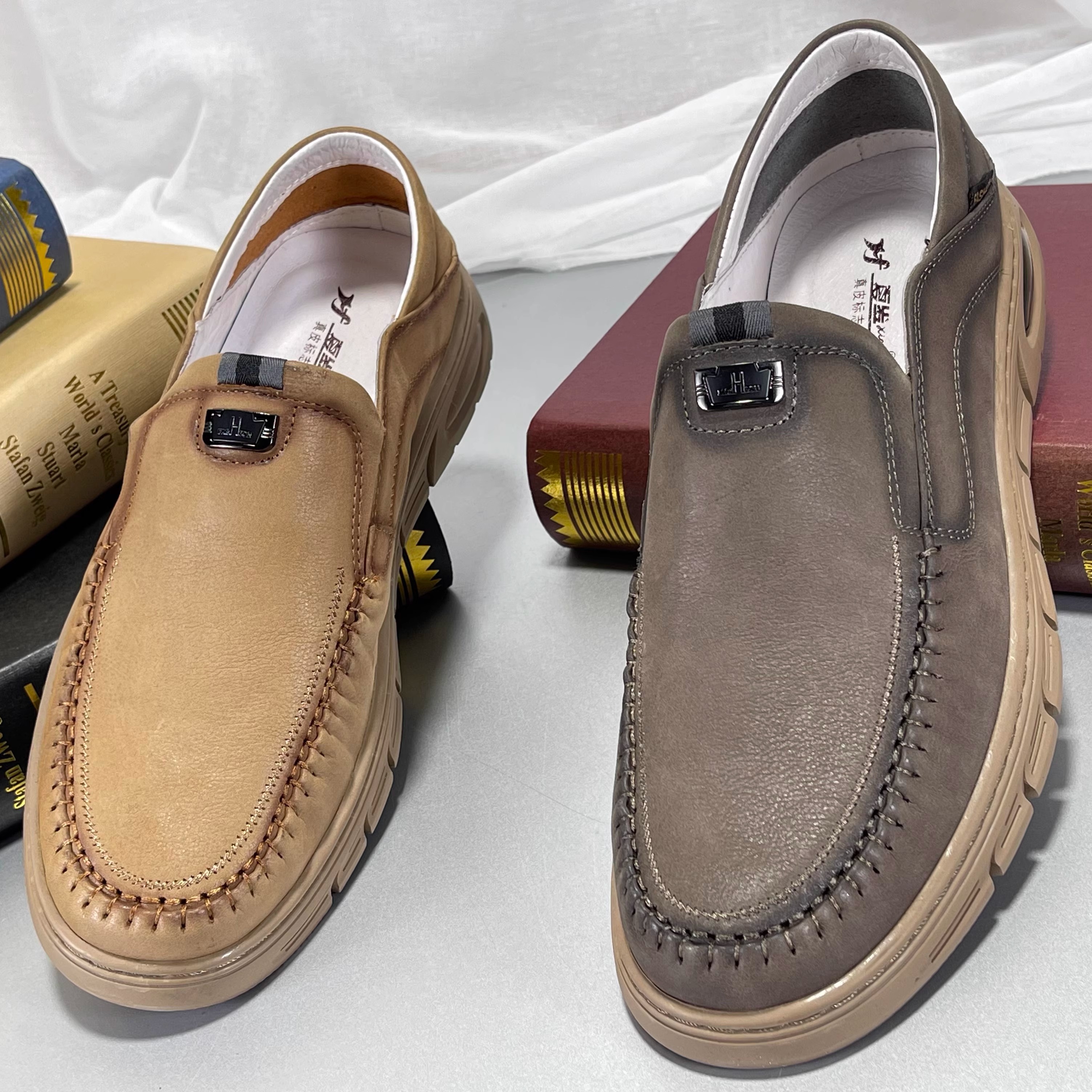 高端定制！头层牛皮男鞋2025新款透气休闲皮鞋男真皮一脚蹬乐福鞋