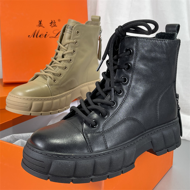 头层牛皮复古马丁靴女2025秋冬新款厚底圆头真皮防滑机车靴工装靴