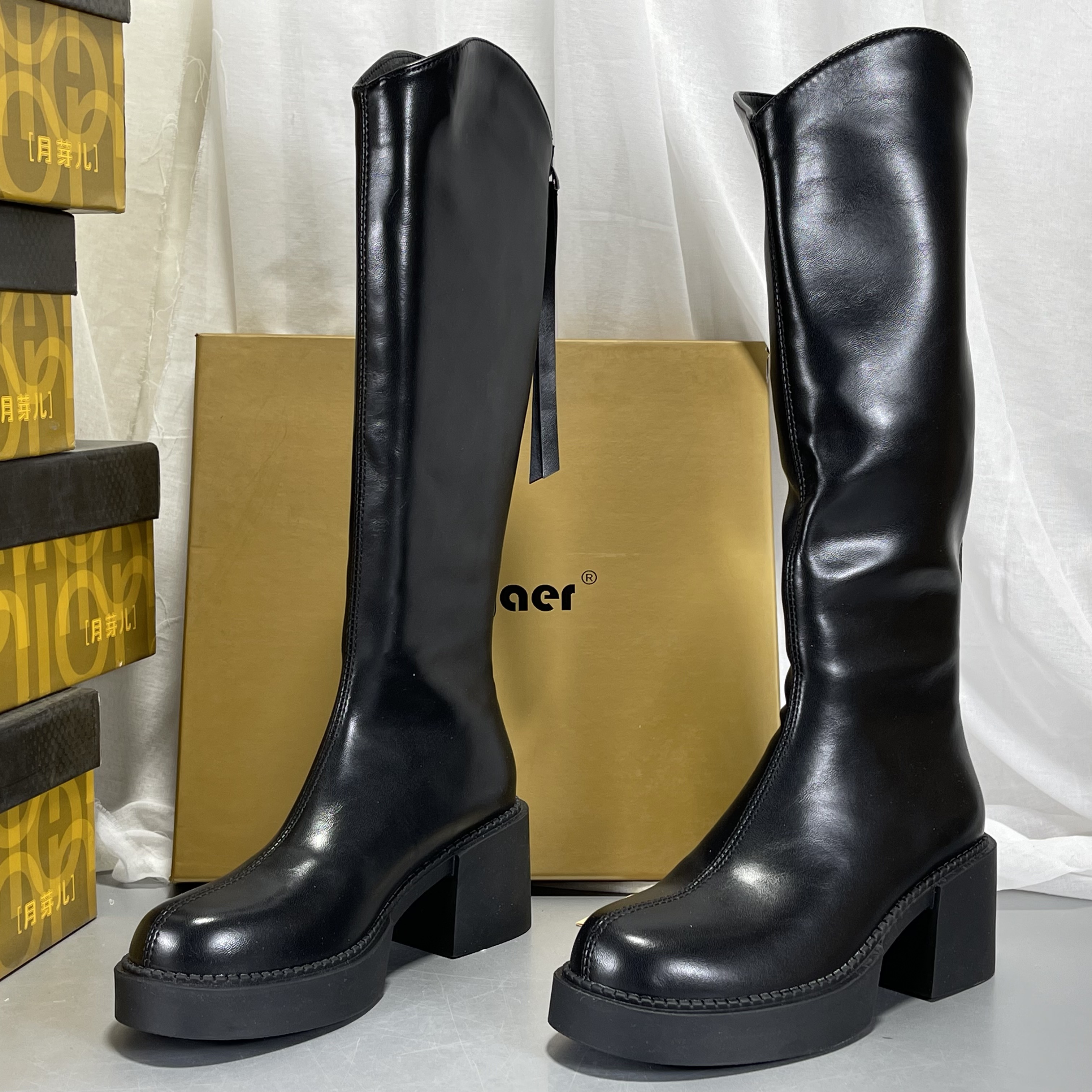 月芽儿真皮粗跟骑士靴女不过膝长靴2025新款秋冬加绒显腿长筒靴子