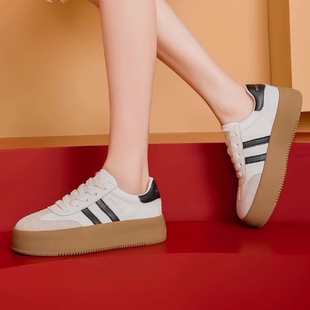 头层猪皮~厚底德训鞋女2025新款复古小白鞋真皮透气休闲复古板鞋