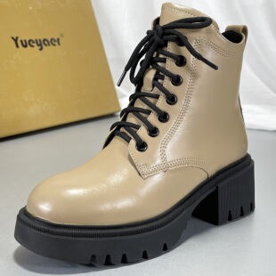月芽儿厚底马丁靴女圆头裸靴2025秋冬款 圆头粗跟真皮单靴里外全皮