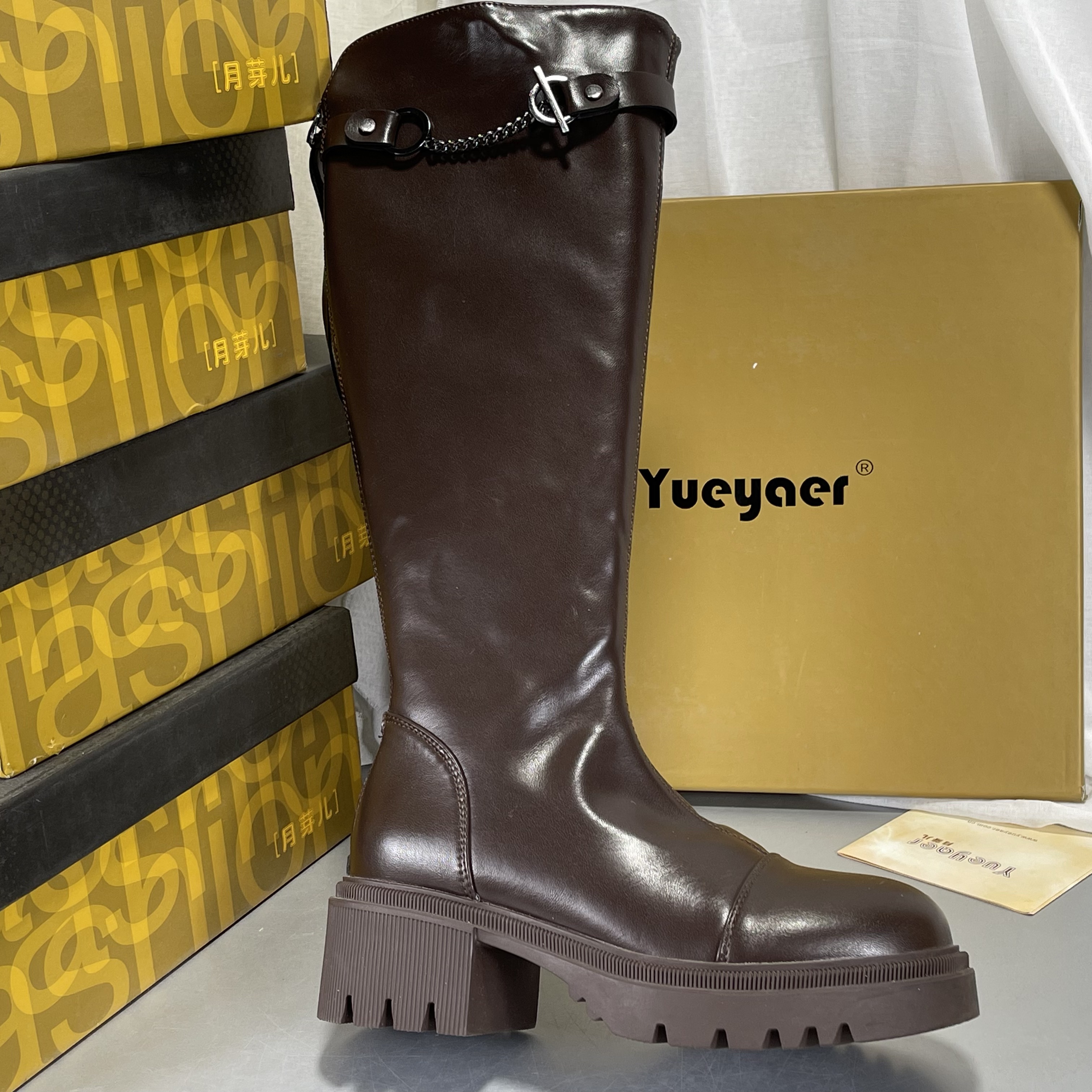 月芽儿骑士靴加绒2025秋冬真皮长筒靴高跟骑士靴小个子不过膝长靴