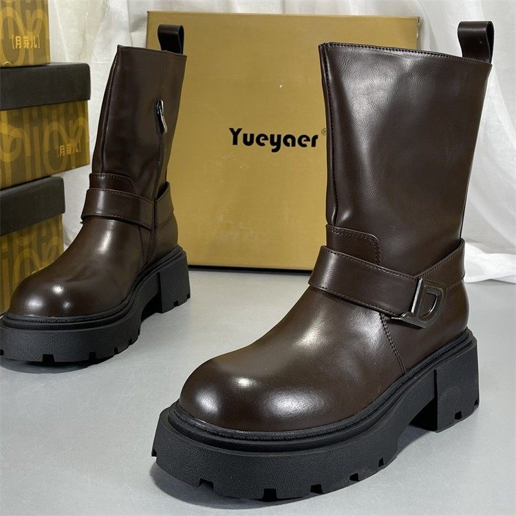 月芽儿正品撤柜牛皮中筒骑士靴复古英伦风加绒厚底粗跟真皮机车靴,女鞋,马丁靴,淘宝优惠券,粉丝福利购,淘宝优惠卷