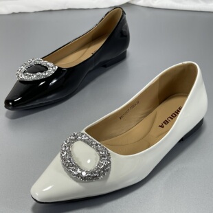 尖头低跟水钻通勤真皮玛丽珍鞋 法式 女 2025春秋新款 牛漆皮浅口单鞋