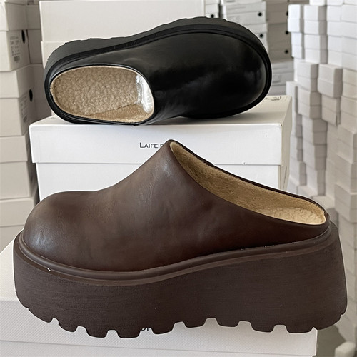 真皮女鞋加绒厚底增高小个子包头博肯鞋外穿2025秋冬款复古半拖鞋