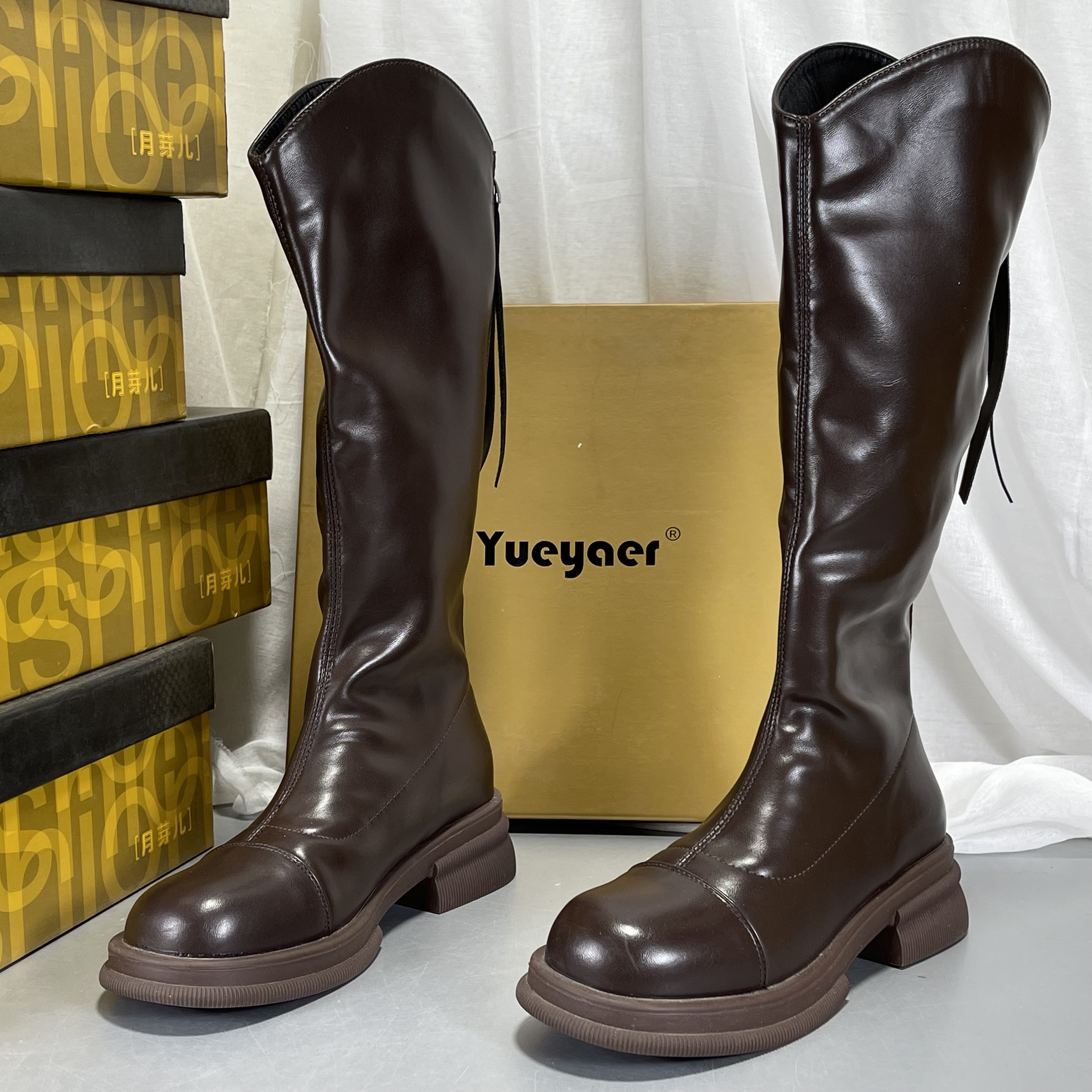 月芽儿真皮骑士靴女2025秋冬新款显瘦不过膝长筒靴高筒厚底瘦瘦靴