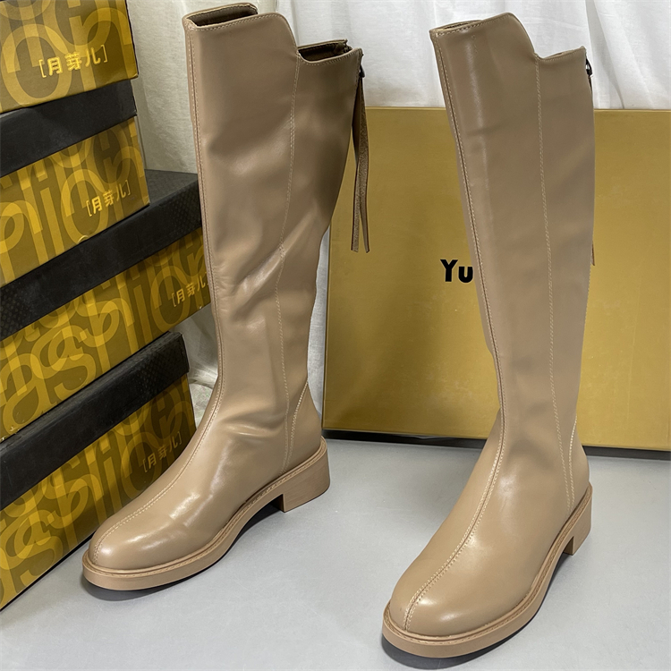 月芽儿长靴女冬季休闲真皮瘦瘦靴显瘦高跟骑士靴厚底骑士靴长筒靴