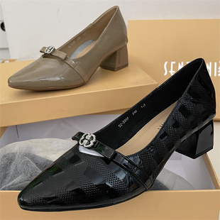 头层牛皮浅口粗跟黑色职业通勤工作单鞋女2025新款法式气质高跟鞋