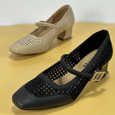 头层牛皮法式复古真皮浅口单鞋女夏季镂空洞洞鞋中跟玛丽珍鞋凉鞋