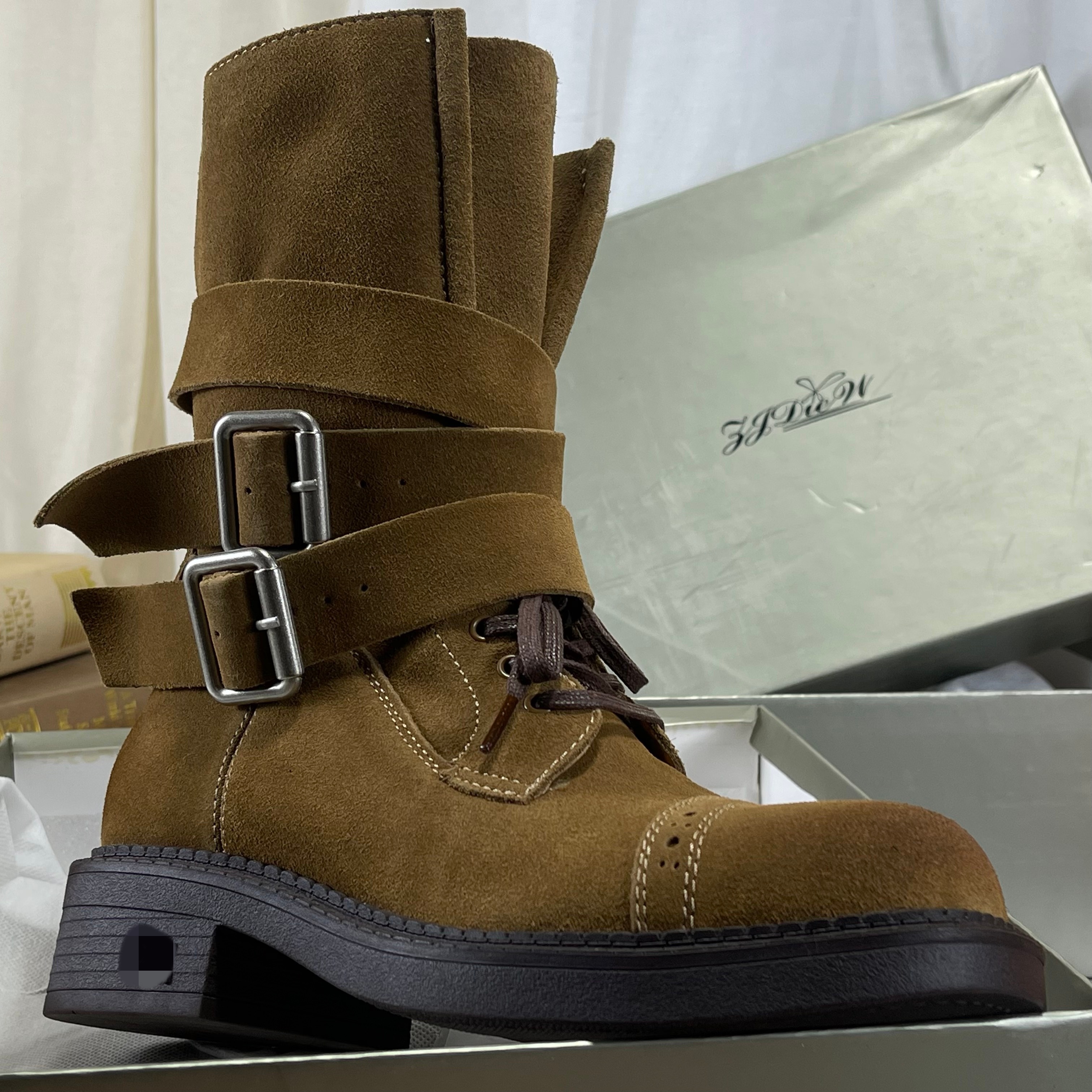 头层牛皮中筒靴女堆堆靴2025秋冬款复古英伦风皮带扣机车马丁靴子