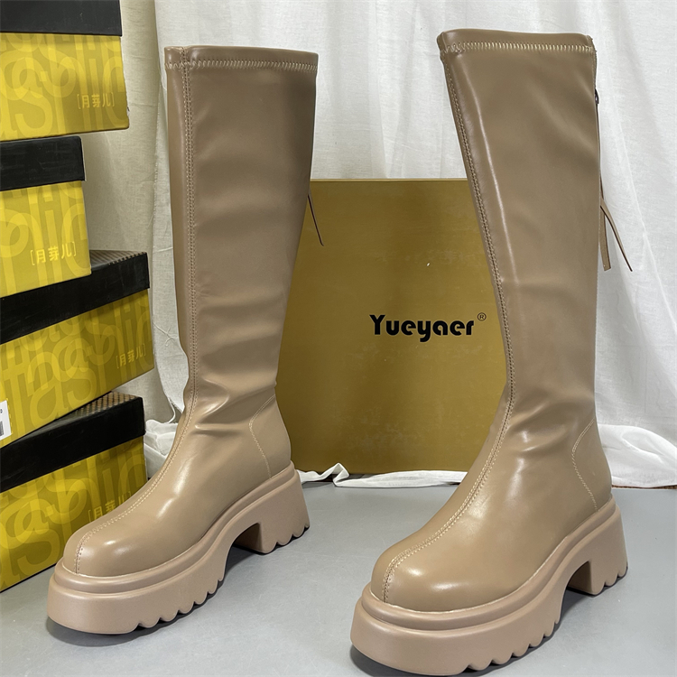 月芽儿正品撤柜厚底骑士靴女小个子真皮秋冬圆头不过膝长筒靴捡漏