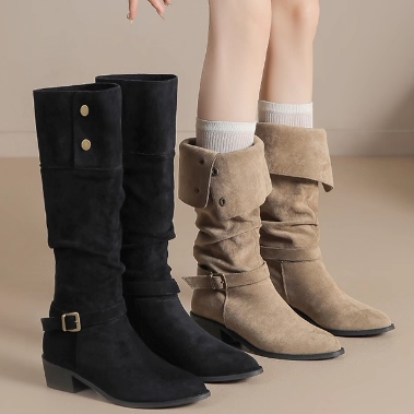 羊皮加绒尖头不过膝长筒靴女2025秋冬季西部堆堆长靴子粗跟骑士靴