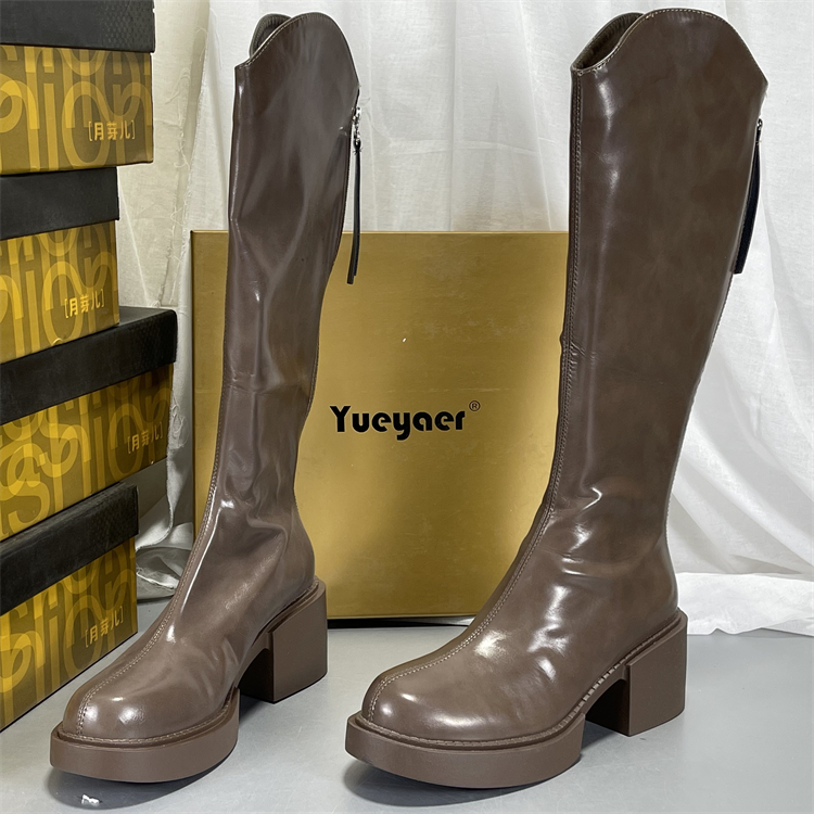 月芽儿正品撤柜粗跟长筒靴圆头真皮骑士靴不过膝瘦瘦靴牛皮长筒靴
