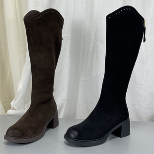 骑士靴厚底弹力靴女真皮2025冬季 复古加绒显瘦不过膝高筒长靴 新款