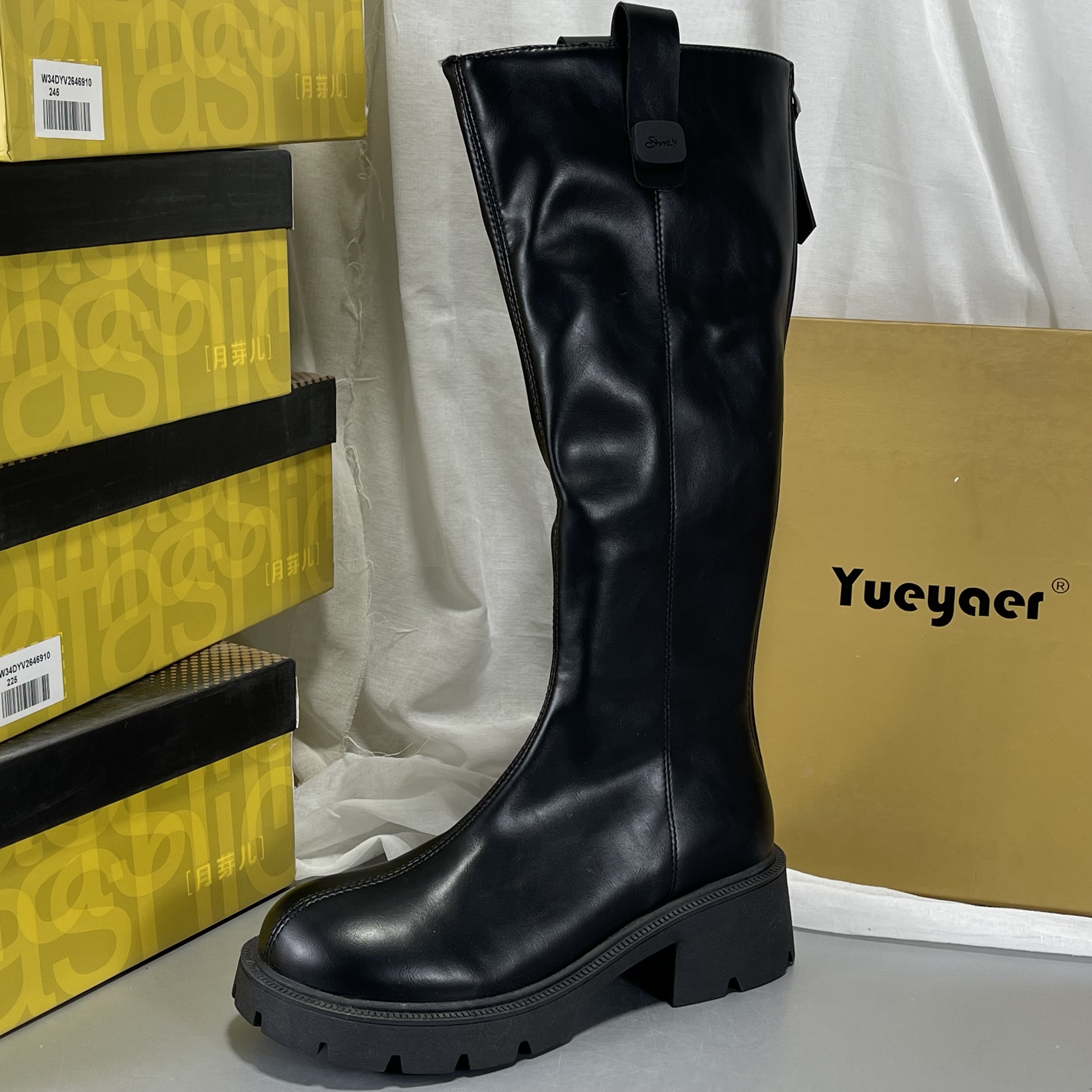 月芽儿正品撤柜骑士靴女秋冬款厚底百搭真皮圆头复古长筒瘦瘦靴子