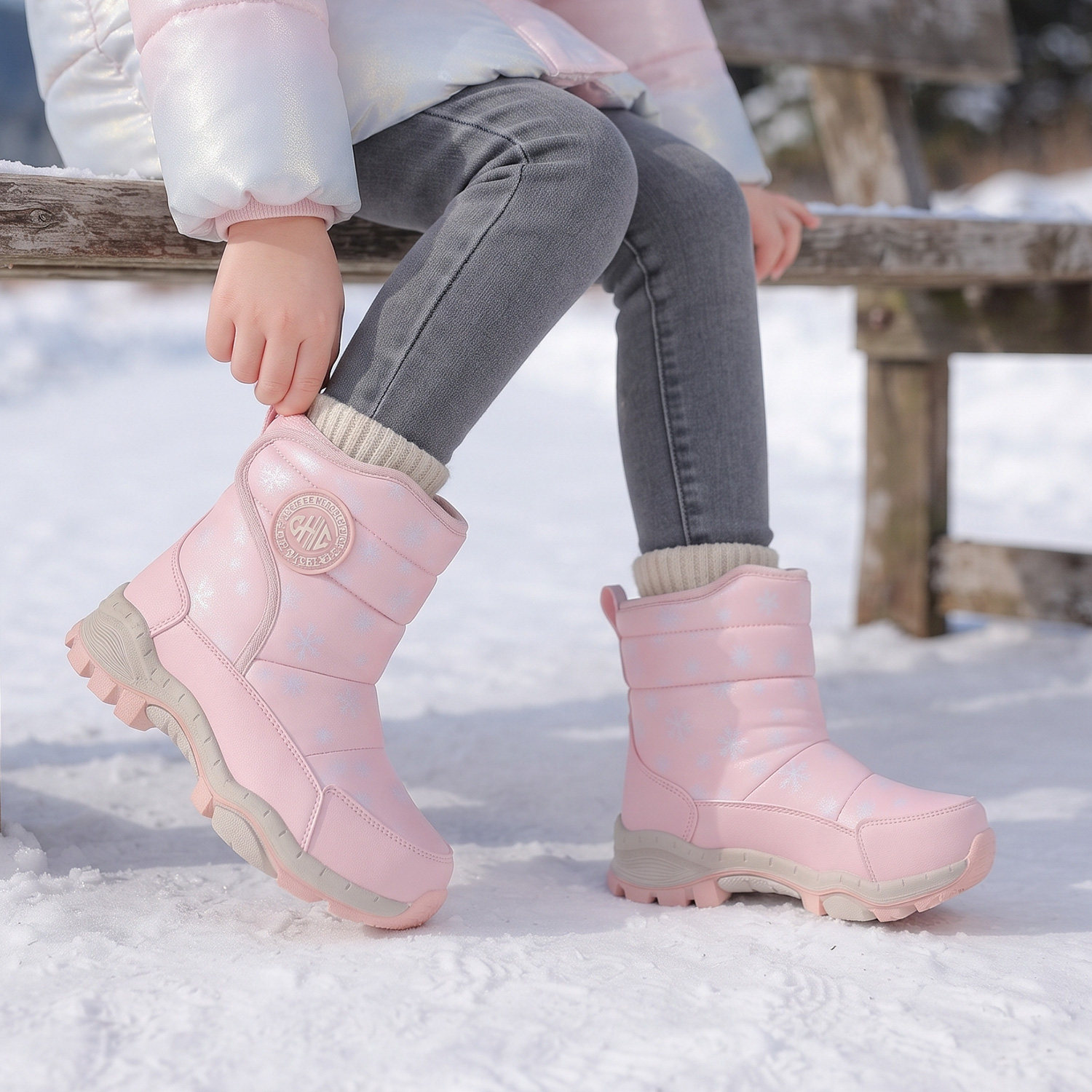儿童钢爪加绒防水防滑雪地靴