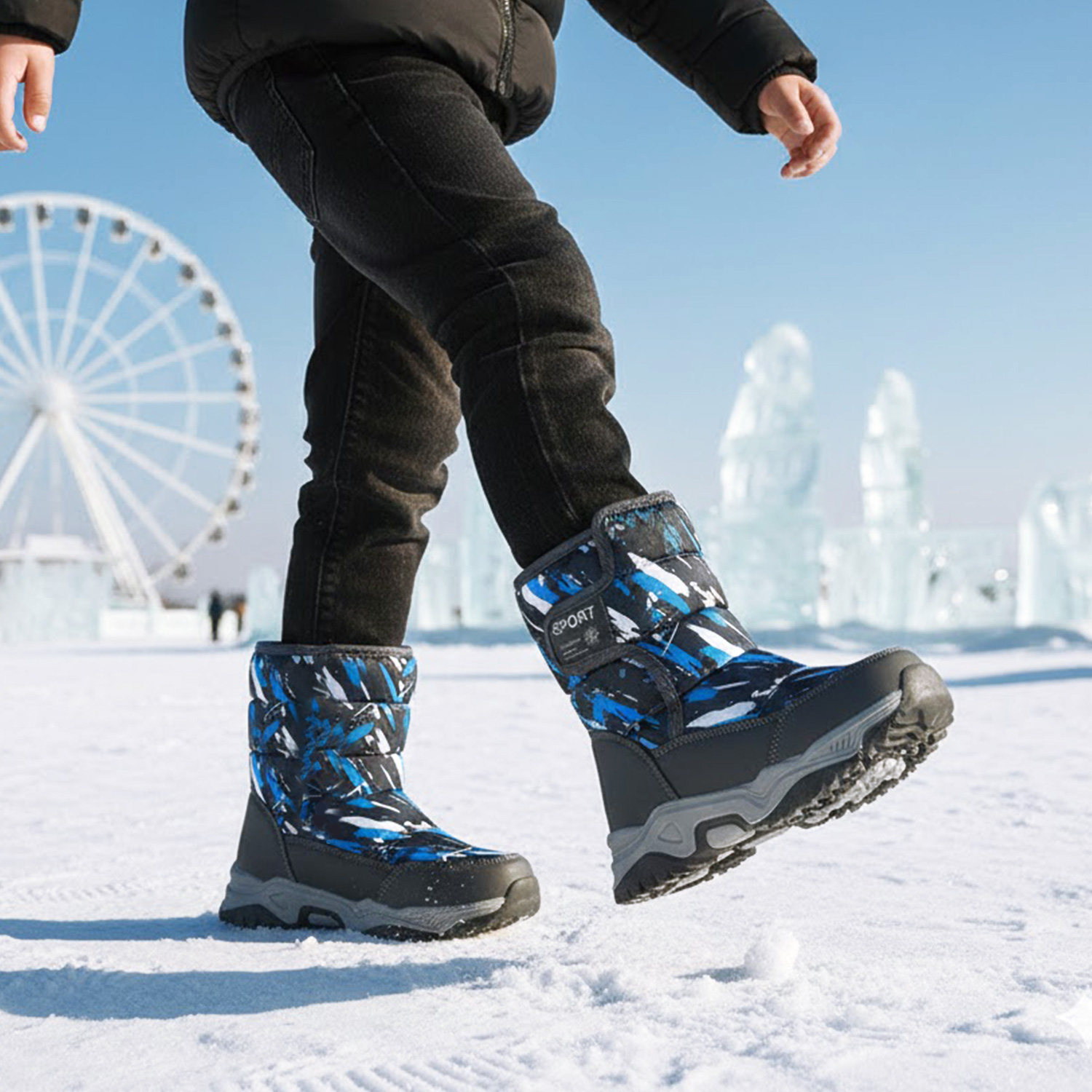 儿童中筒加绒防水防滑雪地靴