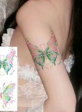 粉绿色蝴蝶纹身贴彩色防水持久女手臂高级感古风蝴蝶花臂