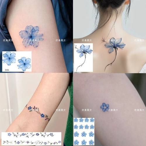 新款蓝色仿真花朵彩色纹身贴持久防水ins酷潮纯欲少女背部可水洗
