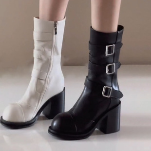 马丁靴粗跟高跟短靴女2025新款 百搭机车靴中筒骑士靴 秋冬靴子时尚