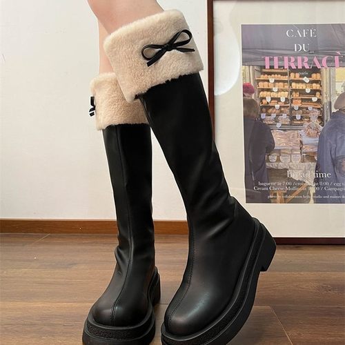 优妮蒂长筒靴女2025新款冬棕色加绒厚底显瘦小个子复古蝴蝶结长靴