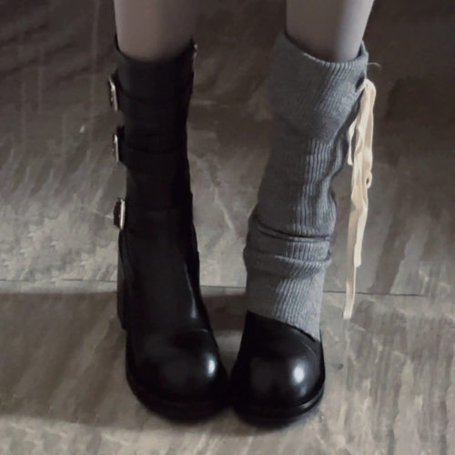 朋克黑色小个子高跟靴粗跟短靴女2025新款秋冬靴子显瘦中筒骑士靴