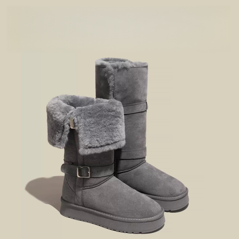 厚底百搭两穿灰色长筒雪地靴女2025新款冬季皮毛一体加绒加厚长靴