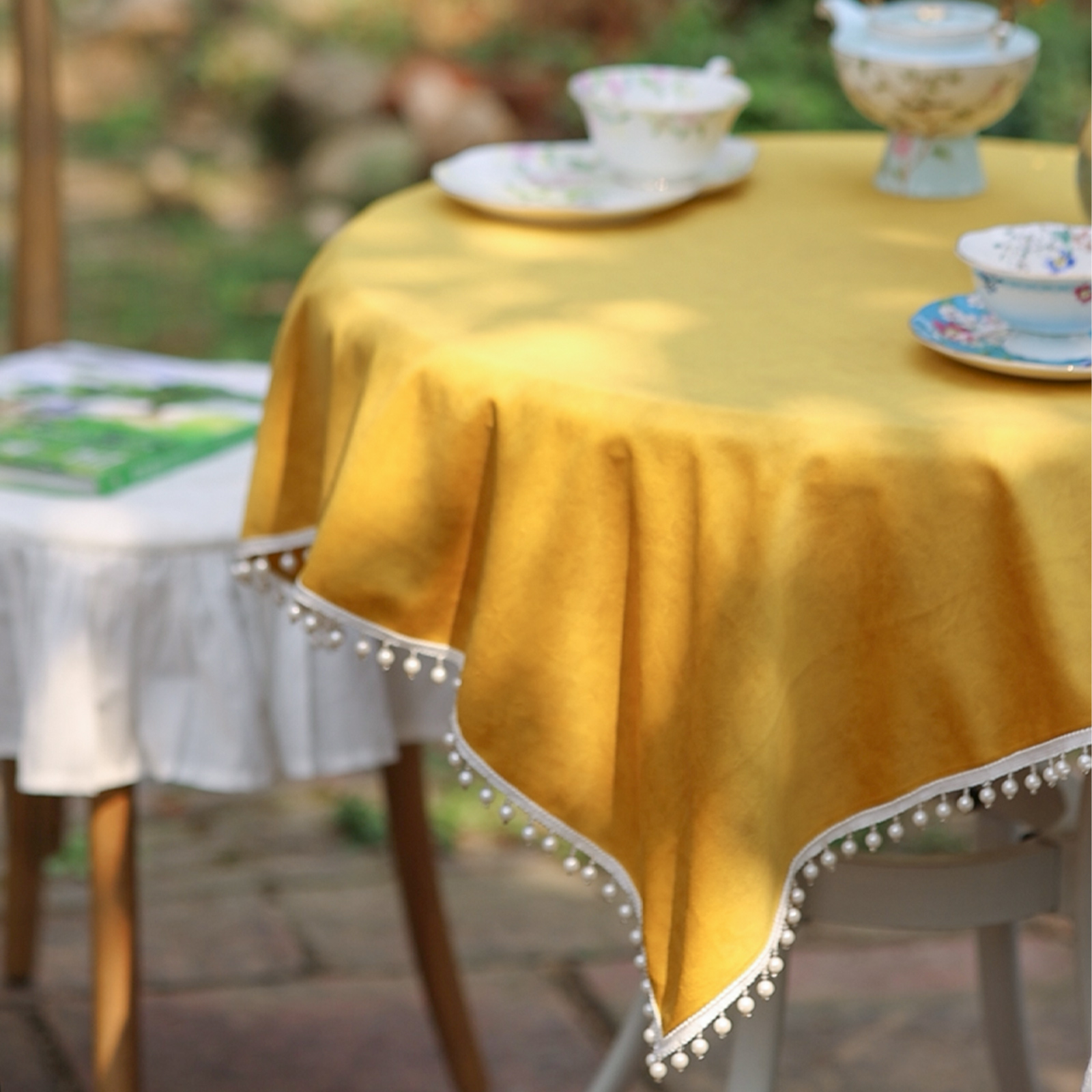 MissPeony姜黄桌布珍珠蕾丝流苏