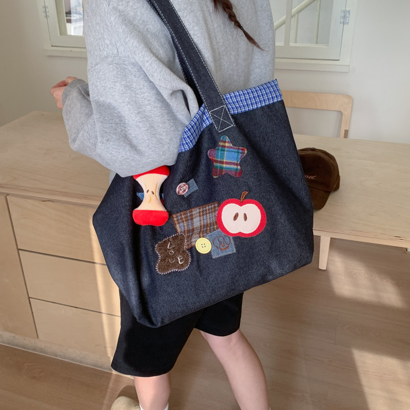 日系简约刺绣牛仔帆布包包女春新款学生上课通勤大容量单肩托特包,箱包皮具/热销女包/男包,托特包,淘宝优惠券,粉丝福利购,淘宝优惠卷