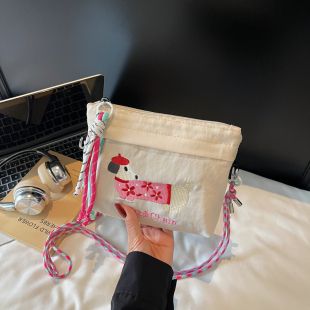 日系小众刺绣腊肠狗环保购物袋单肩斜挎包女手机包迷你随身小挎包