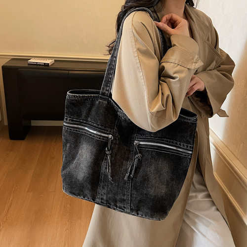 小众设计感牛仔帆布包包女复古慵懒购物袋通勤托特包大容量单肩包