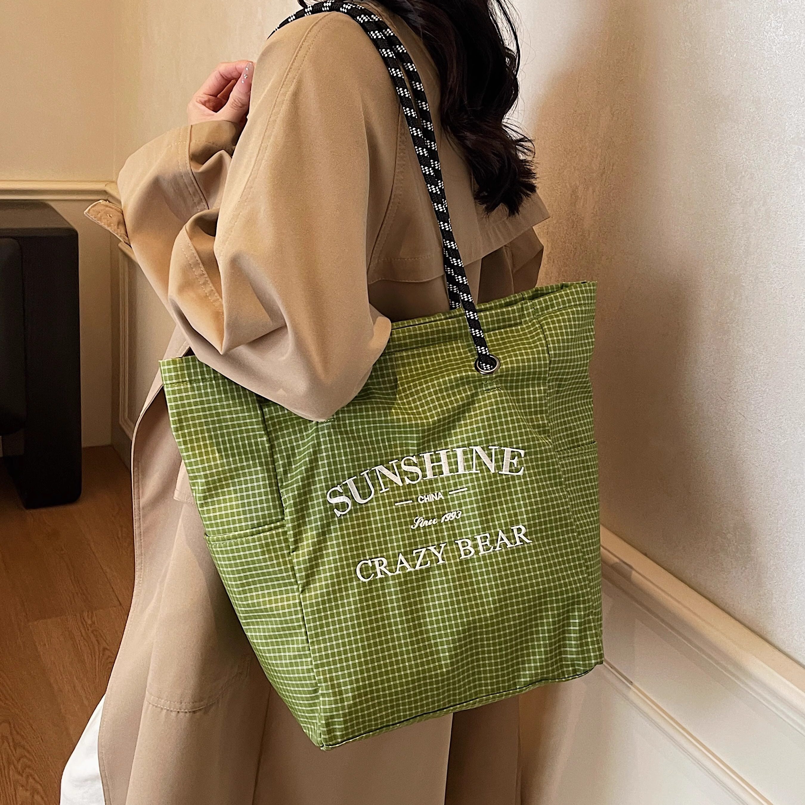 日系格纹通勤上班手提包防水尼龙轻便妈咪包购物袋托特包休闲女包,箱包皮具/热销女包/男包,托特包,淘宝优惠券,粉丝福利购,淘宝优惠卷