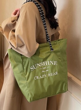 日系格纹通勤上班手提包防水尼龙轻便妈咪包购物袋托特包休闲女包