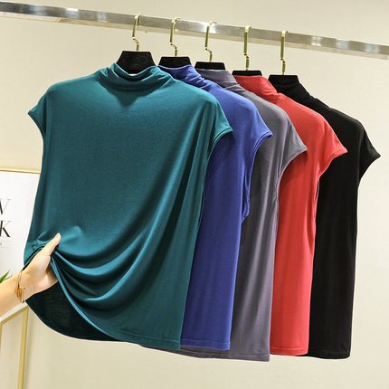 无袖半高领T恤女夏季薄款莫代尔内搭打底衫大码修身洋气纯色上衣