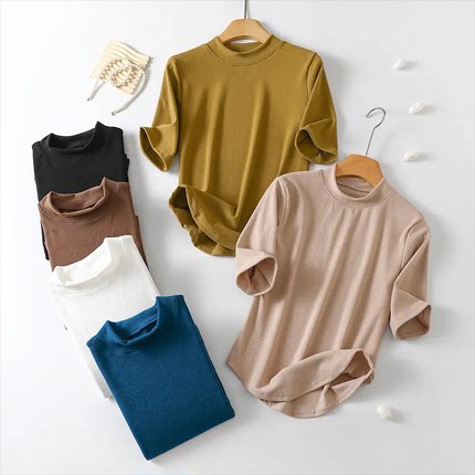 女螺纹德绒打底衫保暖衣加绒加厚上衣秋冬磨毛内搭修身五分袖t恤