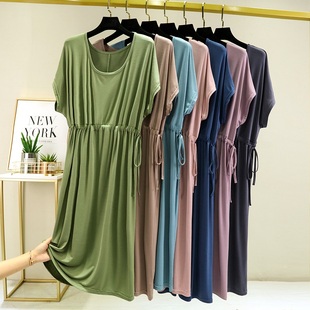 莫代尔短袖连衣裙女夏季宽松收腰百褶睡裙可外穿遮肉显瘦A字长裙