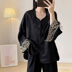 新中式 黑色印花衬衫 新款 复古气质上衣2025秋季 国风 外套女改良唐装