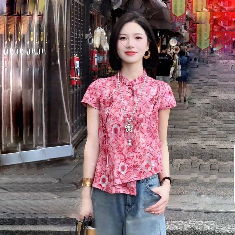 新中式国风上衣短袖衬衫2025新款夏季立领民族风显瘦薄款小衫上衣