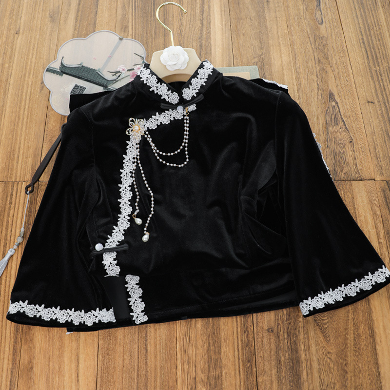 俏娘鱼黑色丝绒复古风改良新中式倒大袖旗袍2024年秋新款日常可穿