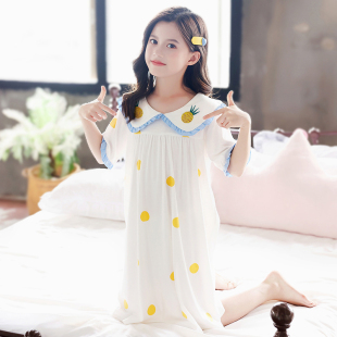纯棉莫代尔女孩小孩中大童亲子母女 短袖 儿童睡衣女童睡裙夏季 薄款