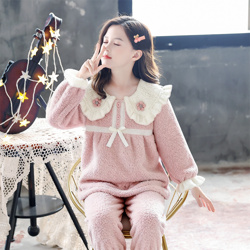 女童睡衣2025年新款桃花甜美糯米加厚珊瑚冬季法兰绒家居服套装