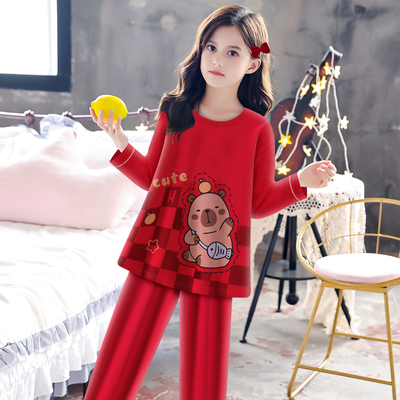 女童2025年新款睡衣纯棉春秋季长袖红色本命年中大童家居服套装