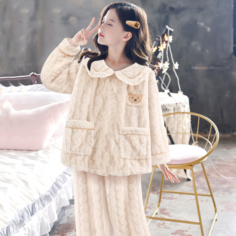女童睡衣秋冬款珊瑚绒2025新款加绒法兰绒简约家居服冬季日常小众