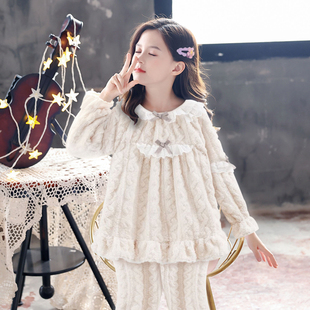 珊瑚绒睡衣女童冬季加厚加绒法兰绒冬天女款奶白家居服秋冬款甜美