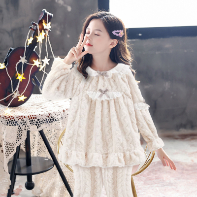 珊瑚绒睡衣女童冬季加厚加绒法兰绒冬天女款奶白家居服秋冬款甜美