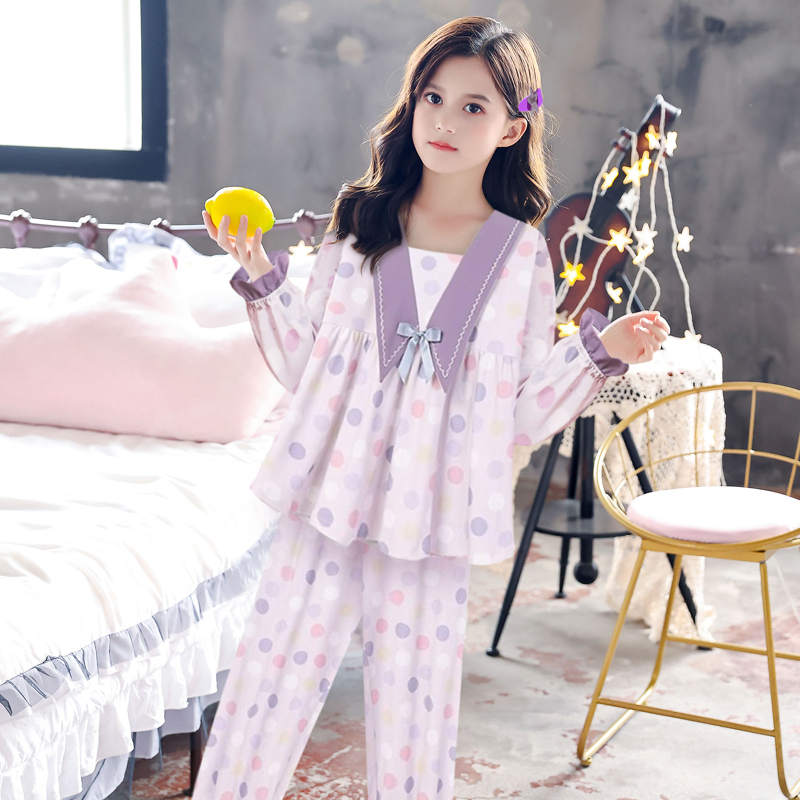 女童春秋季甜美纯棉新款长袖可爱简约睡衣日常休闲简约家居服套装