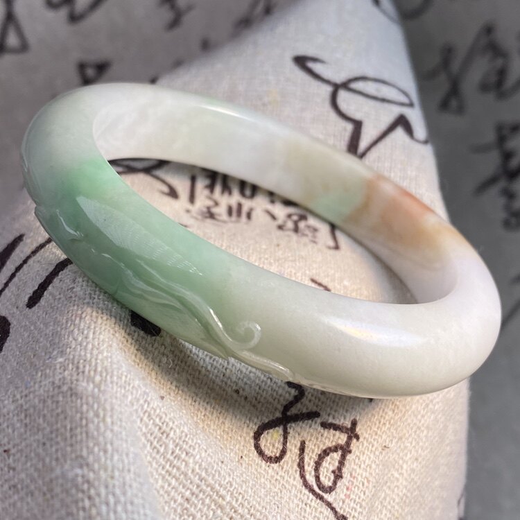 57.1圈口天然玉石缅甸翡翠A货手镯荷叶雕花飘阳绿红翡翠玉镯子女