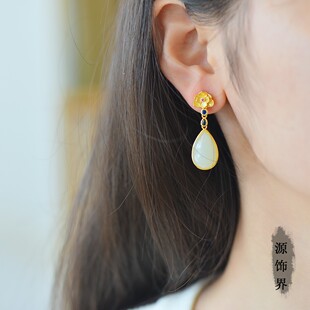天然玉石s925银镀金镶和田玉白玉9*15mm大水滴耳坠耳钉耳环新中式